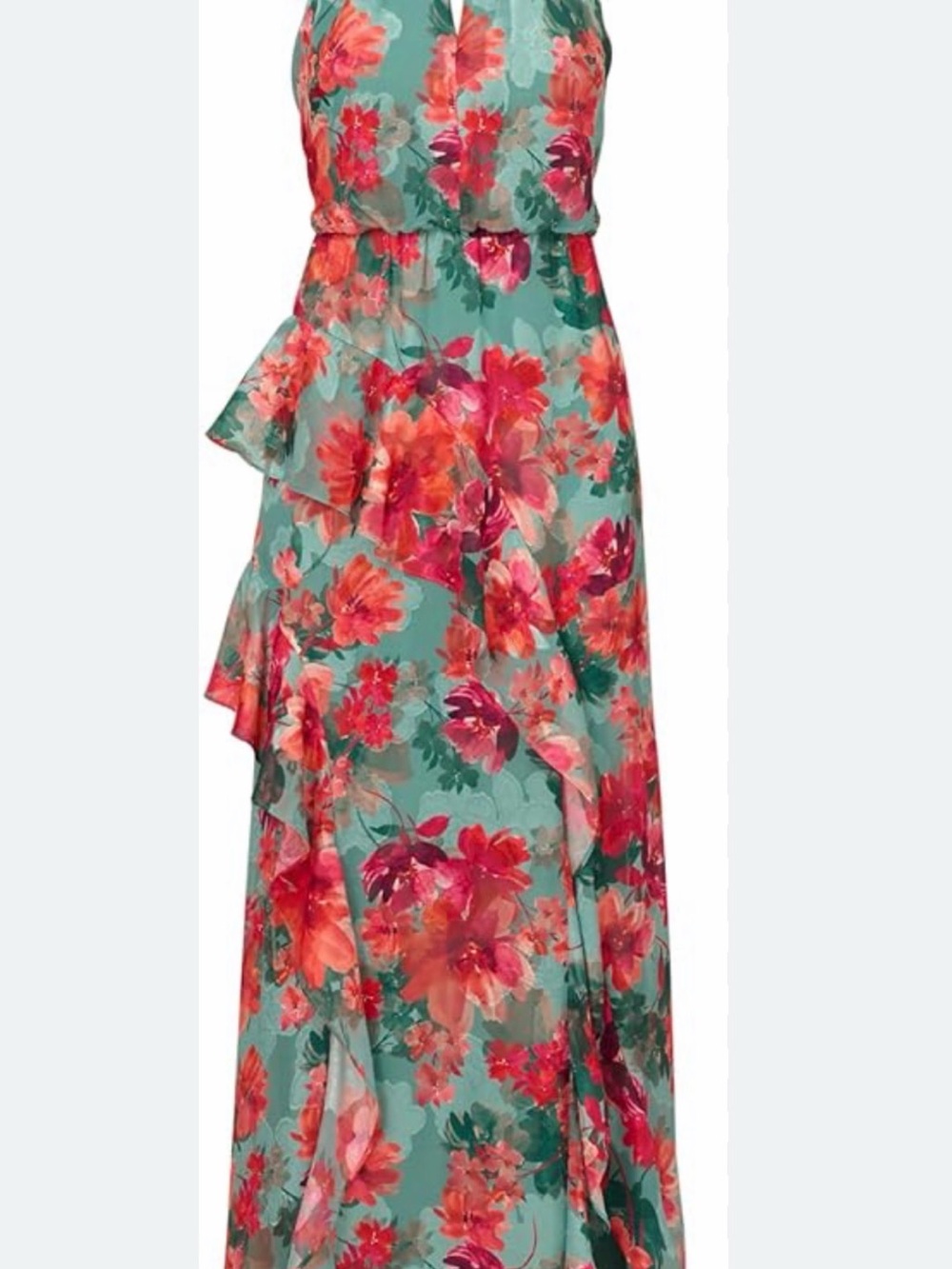 Adrianna Papell Teal Floral Ruffle Halter Maxi Dress
